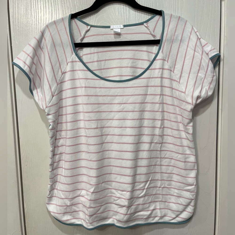 Lake Brand Pima Cotton Knit White Pink Teal Striped Pajama Top Size Large